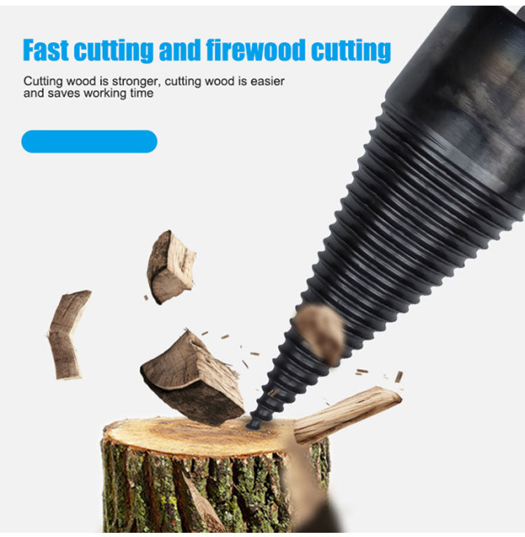 Arenzza firewood drill bit with hex shank, shown in use for splitting wood, suitable for tools and garden projects.