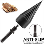 Arenzza firewood drill bit with hex shank for woodworking and garden tools, shown mounted on a power drill for splitting firewood.