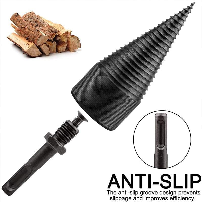 Arenzza firewood drill bit with hex shank for woodworking and garden tools, shown mounted on a power drill for splitting firewood.