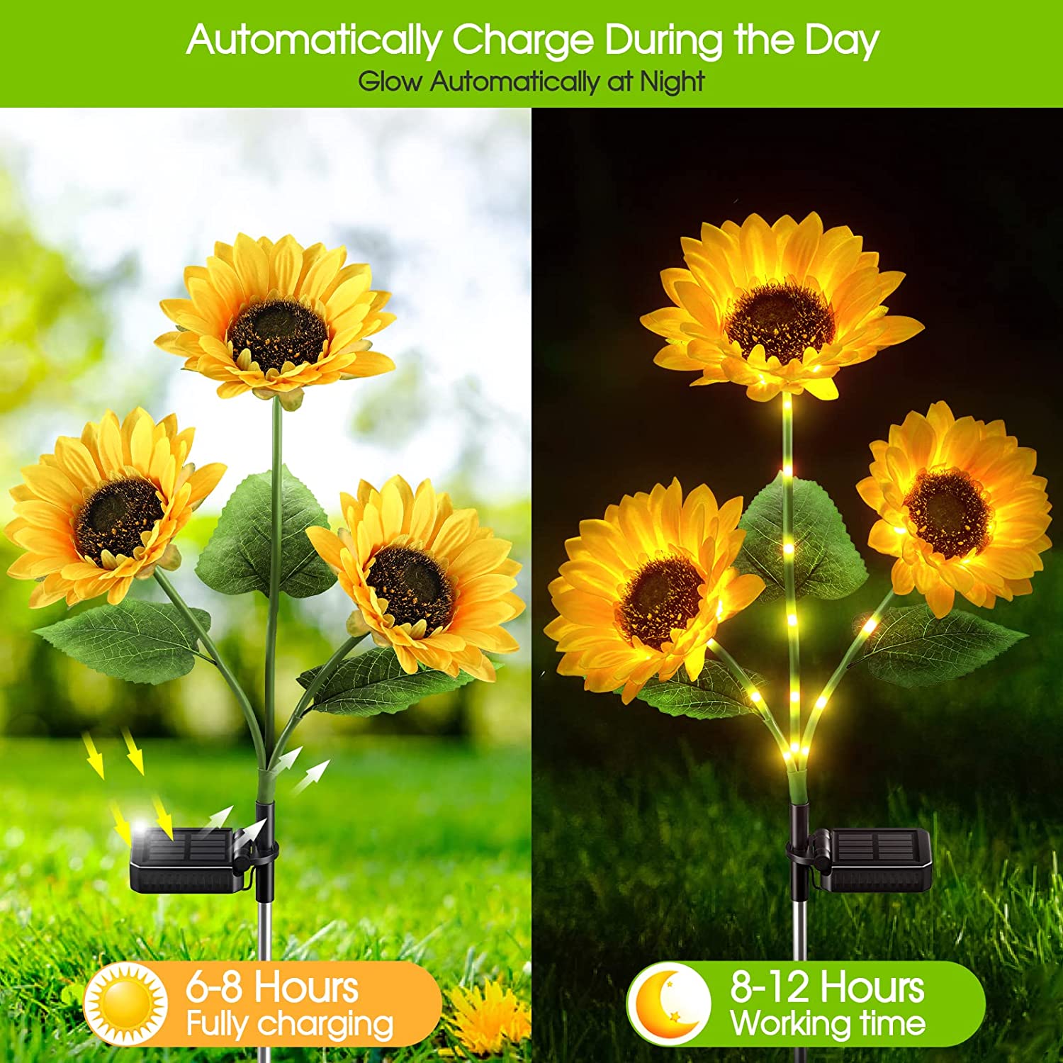 Arenzza sunflower solar garden lights with auto on/off, 14-hour glow, waterproof IP65, decorative outdoor lighting.