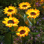 Arenzza sunflower solar lights in a garden, showing auto on/off feature, waterproof design, and 14-hour glow in outdoor tools and garden setting.