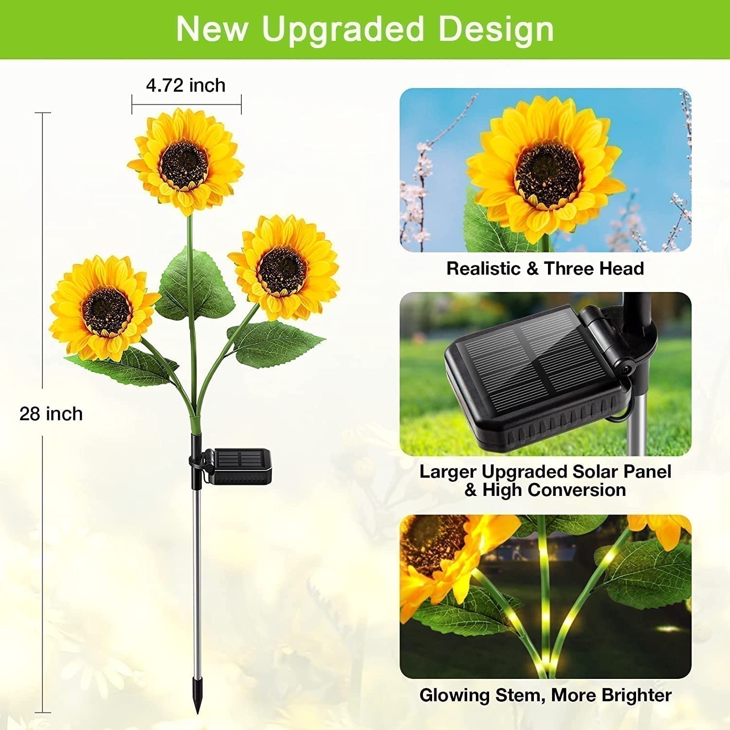 Arenzza sunflower solar lights with auto on/off, waterproof design, glowing in a garden setting, showcasing outdoor tool and garden lighting.