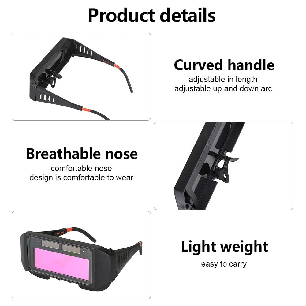 Arenzza auto dimming welding glasses with adjustable lenses for eye protection during welding, in a close-up view.
