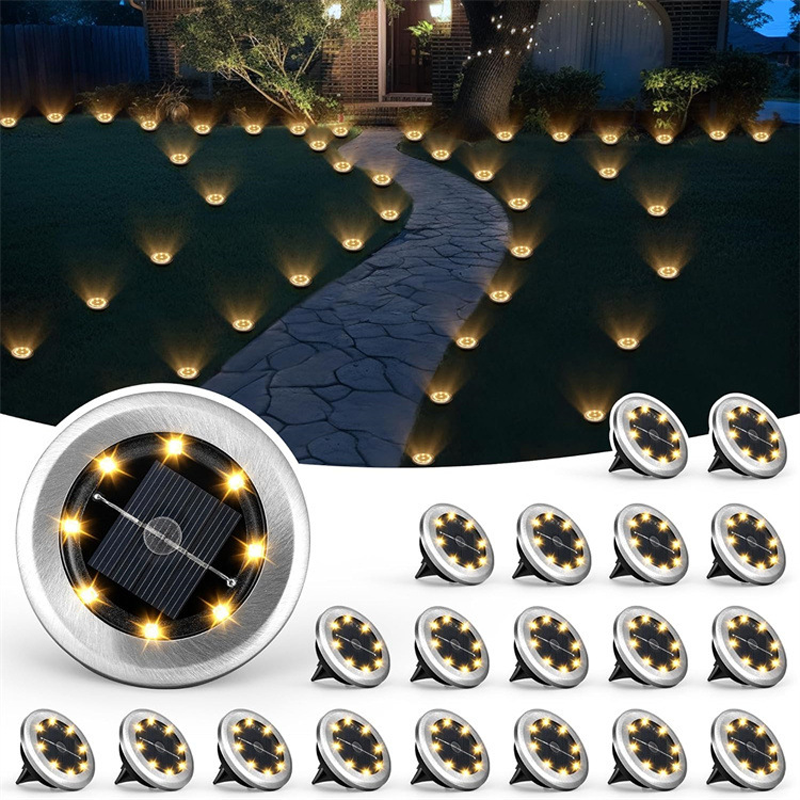 A pair of Arenzza solar path lights with auto dusk-to-dawn feature, designed for outdoor garden illumination.