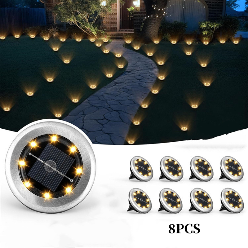Arenzza 2-pack solar path lights for garden, auto dusk-to-dawn, energy-efficient outdoor lighting, showcasing illuminated lights in a garden setting.