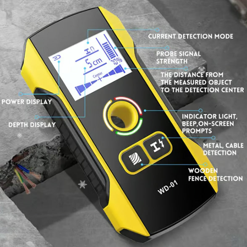 Arenzza metal detector wall stud scanner with positioning hole, tool for detecting studs and metal behind walls.