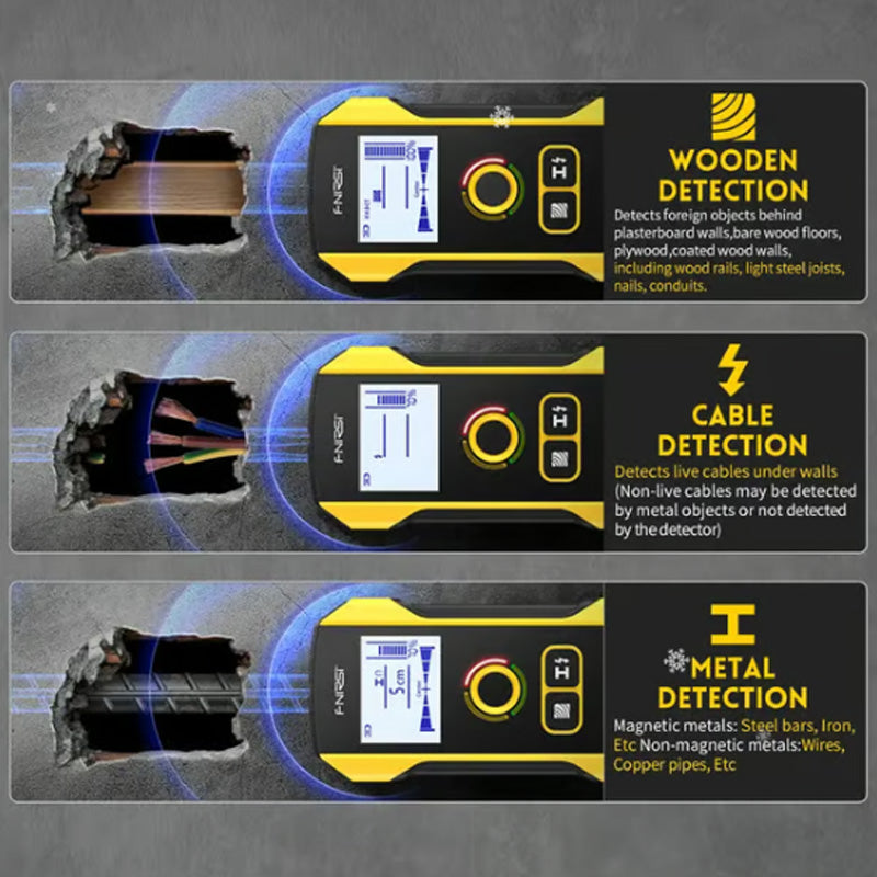 Arenzza metal detector wall stud scanner with positioning hole, handheld tool used for detecting metal studs in walls.