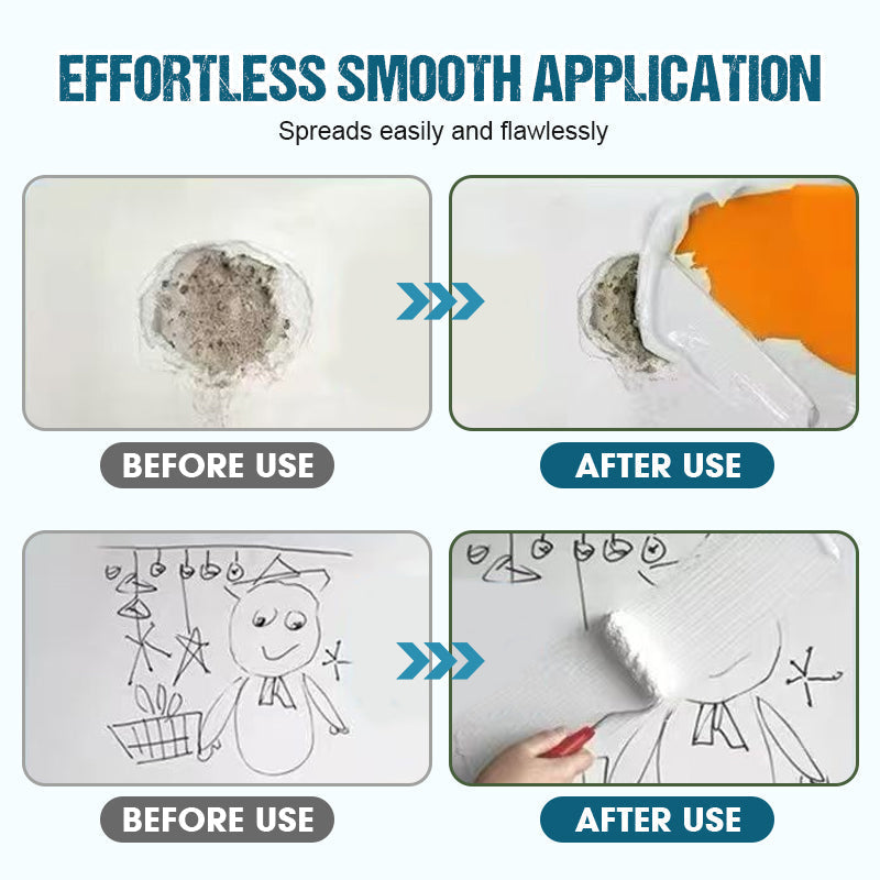 Arenzza waterproof wall repair paste applied to a damaged wall, showcasing a tool and garden repair product for sealing cracks and holes.
