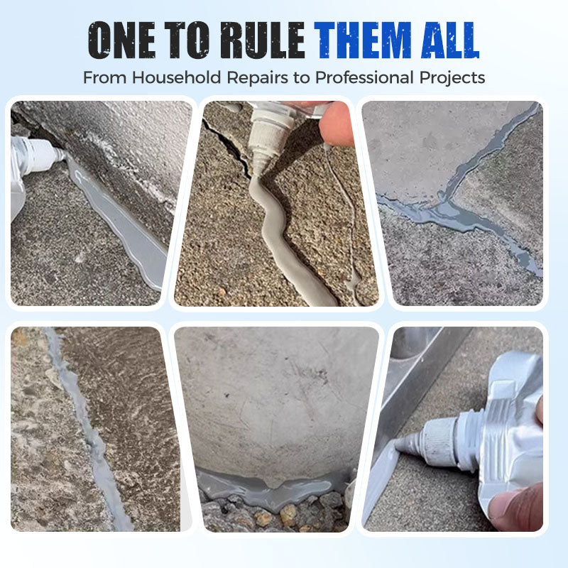 Arenzza heavy-duty concrete crack repair adhesive applied to a cracked concrete surface, suitable for tools and garden projects.
