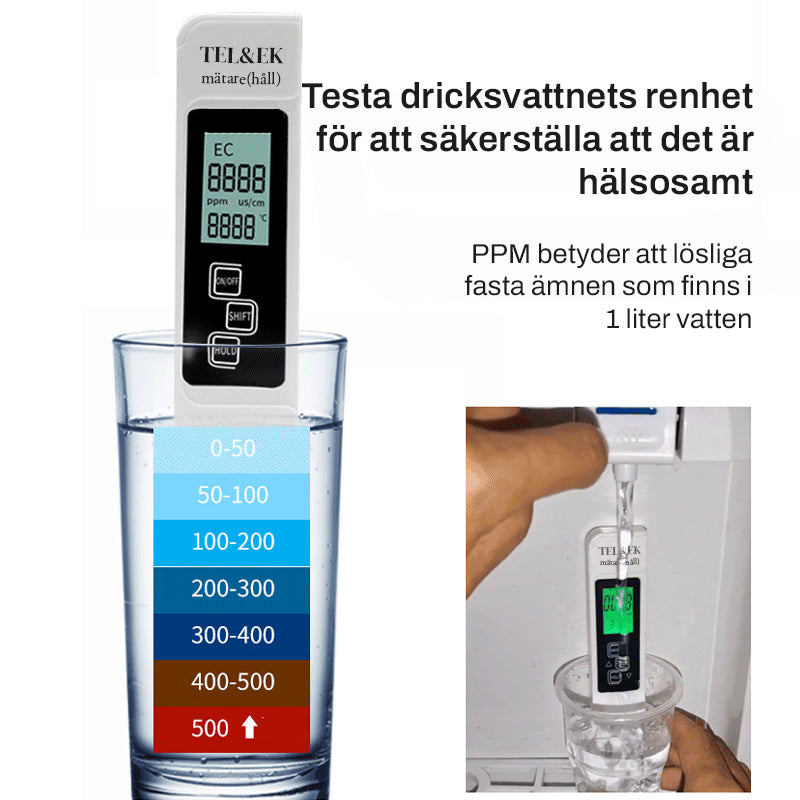 Arenzza digital TDS meter with large LCD screen showing quick water quality measurement in a tools and garden setting.