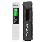 Arenzza digital TDS meter with large LCD screen, showing quick 3-second water quality measurement in a tools and garden setting.