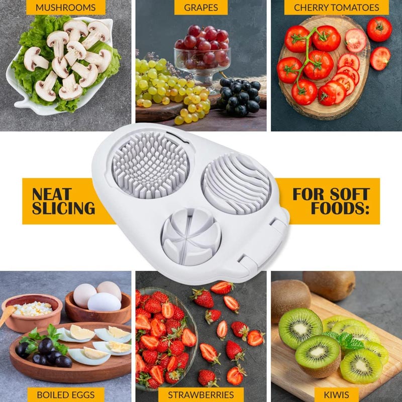 Arenzza 3-in-1 egg slicer tool with stainless steel blades and plastic handle, designed for slicing, dicing, and chopping eggs.