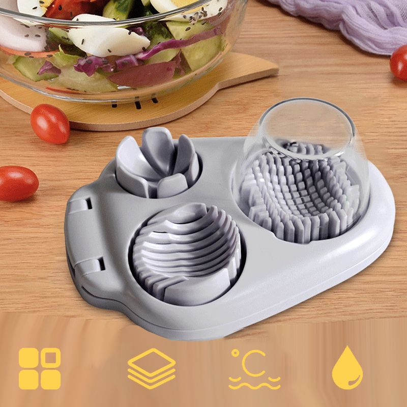 Arenzza 3-in-1 egg slicer in stainless steel and plastic, showing its multiple slicing and dicing functions for kitchen prep.