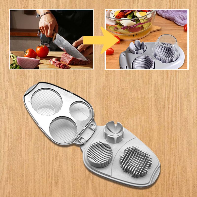 Arenzza 3-in-1 egg slicer in black with stainless steel blades, designed for easy slicing of eggs, fruit, and vegetables.