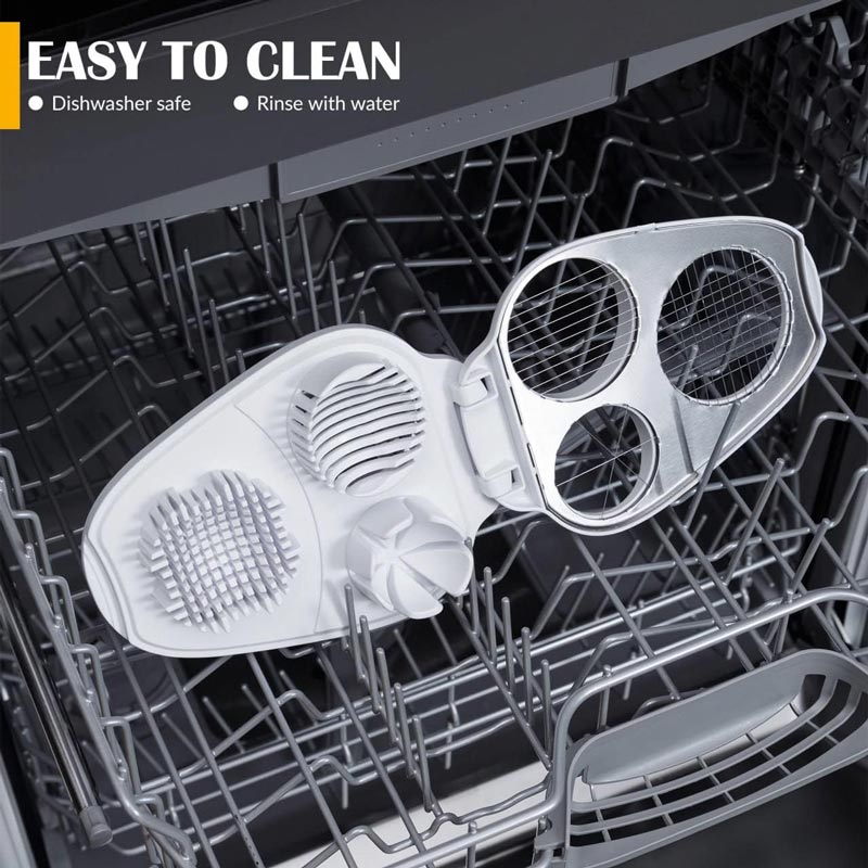 Arenzza 3-in-1 egg slicer with stainless steel blades, showcasing its multifunctional design for slicing, dicing, and chopping eggs.