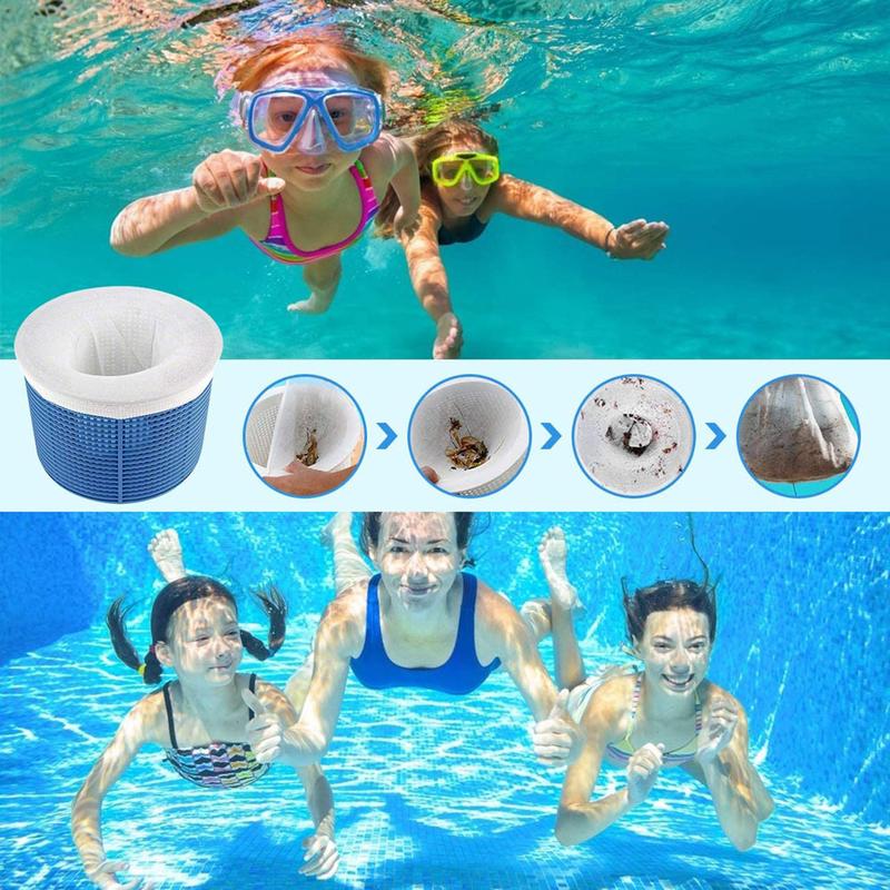 Arenzza pool skimmer socks covering a skimmer basket in a swimming pool for debris filtration, part of tools and garden equipment.