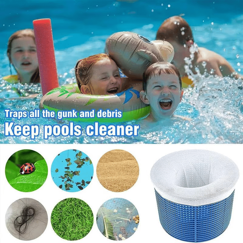 Arenzza pool skimmer socks for skimmer basket cleaning, tools and garden accessory, shown in use inside a swimming pool.