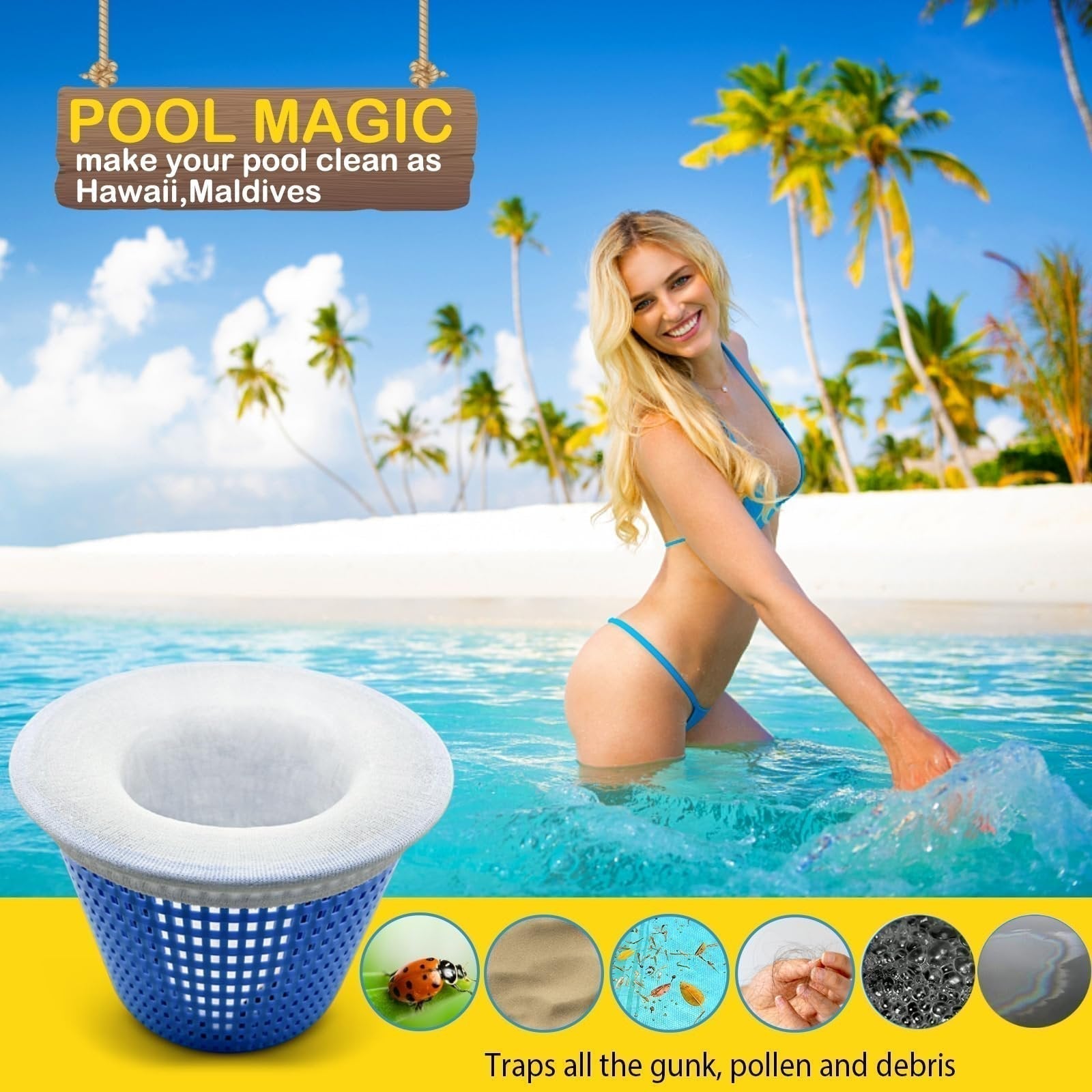 Arenzza pool skimmer socks for skimmer basket cleaning, designed to trap debris and keep pool filters clear.