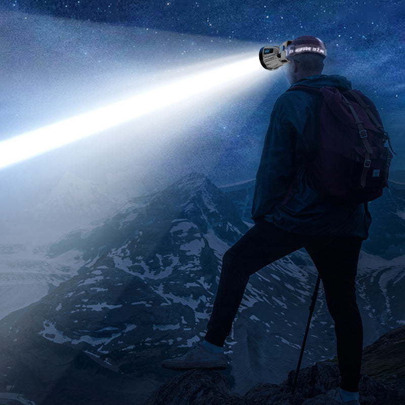 Arenzza Super Bright Rechargeable Headlamp with high power LED light and adjustable strap, suitable for tools and garden use.