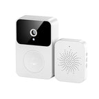 Arenzza Smart WiFi Video Doorbell mounted on a doorframe, showing camera lens, doorbell button, and sleek design for home security.