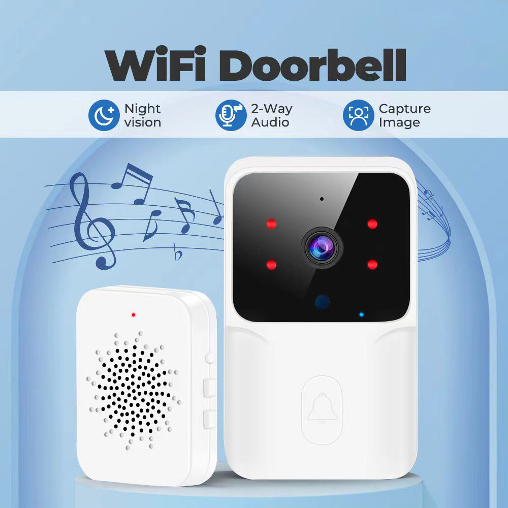 Arenzza Smart WiFi Video Doorbell mounted outside, showing camera lens, doorbell button, and sleek design for home security.