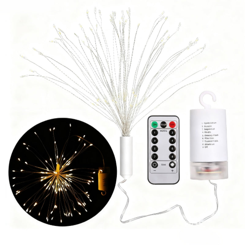 Arenzza solar fireworks light strings for garden and party decoration, featuring colorful LED lights on a garden tool and party setup.