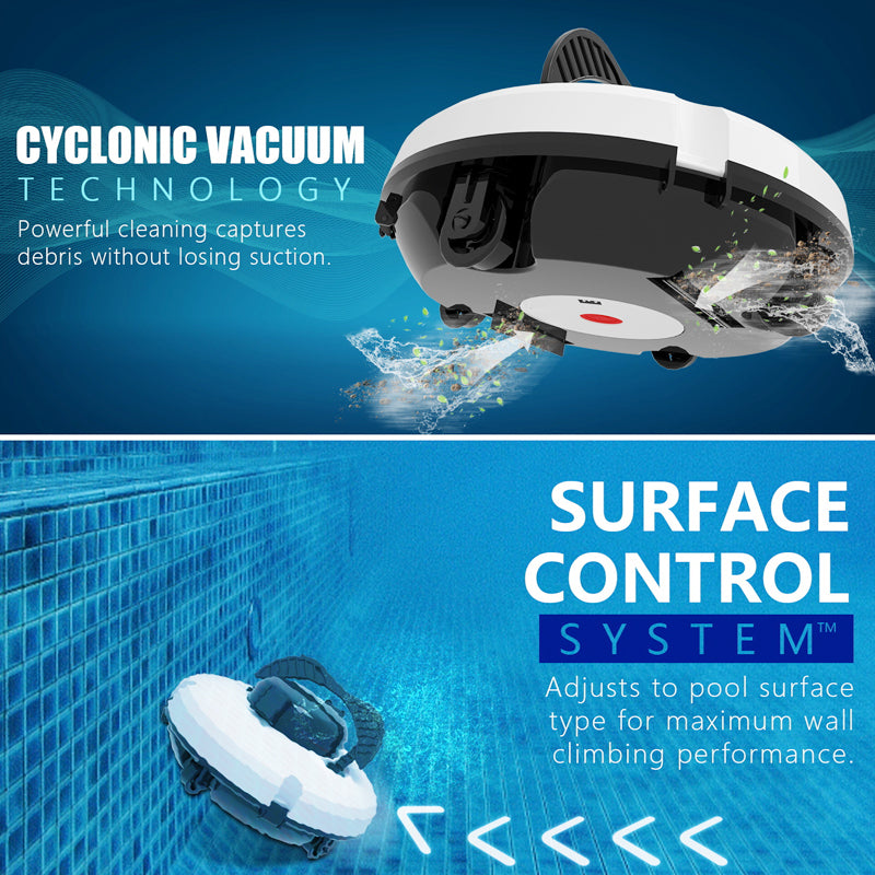 Arenzza cordless pool cleaning robot with a sleek design, showcasing its compact shape and cleaning brushes in action.