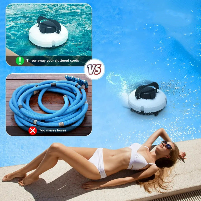 Arenzza cordless pool cleaning robot with sleek design, demonstrating effortless pool cleaning in a modern outdoor setting.