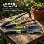 Arenzza garden tool set with extended long handle, including trowel, weeder, and pruner, arranged on a wooden surface.