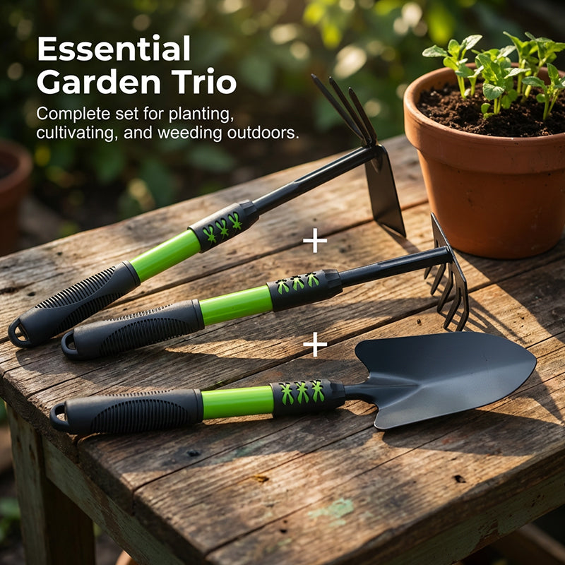 Arenzza garden tool set with extended long handle, including trowel, weeder, and pruner, arranged on a wooden surface.