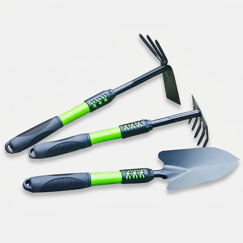 Arenzza garden tool set with long handles, including trowels, pruners, and cultivators for gardening tasks