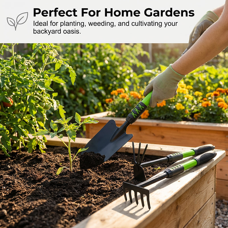 Arenzza garden tool set with extended long handles, including trowel, pruners, and cultivator for gardening tasks.