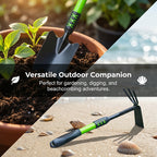 Arenzza garden tool set with extended long handles, including trowel, pruning shears, and cultivator for gardening tasks.