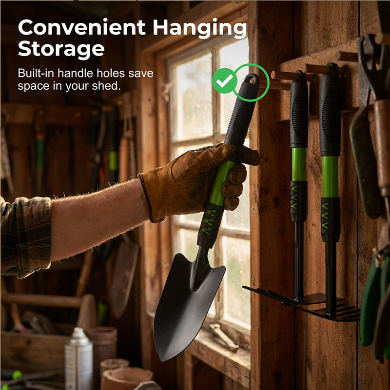 Arenzza garden tool set with extended long handles, including trowels, pruners, and hand tools for gardening tasks.