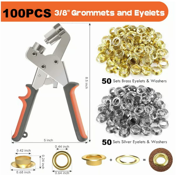 Arenzza grommet tool kit with various tools laid out, designed for installing grommets in fabric and outdoor garden projects.
