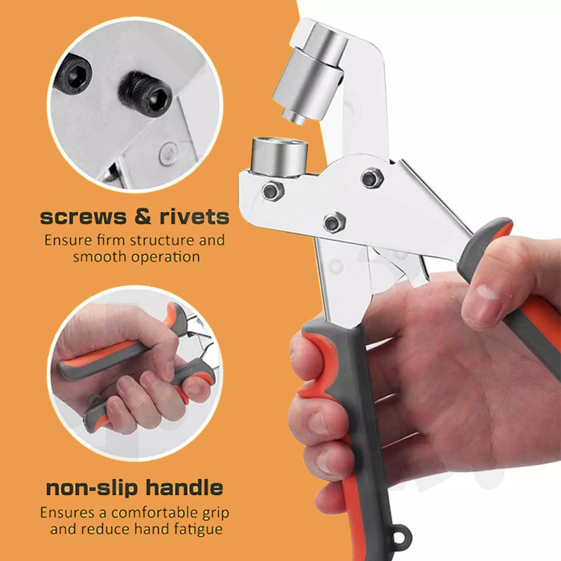 Arenzza grommet tool kit for tools and garden use, featuring various tools and grommet accessories on a work surface.
