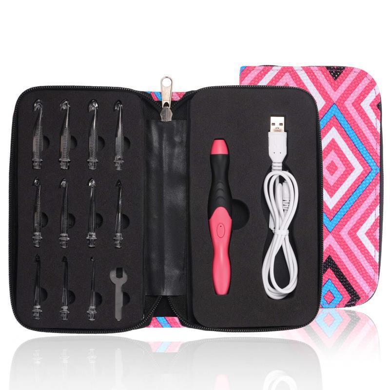 A set of 11 Arenzza crochet hooks with built-in LED lights, displayed with various hook sizes on a neutral background.