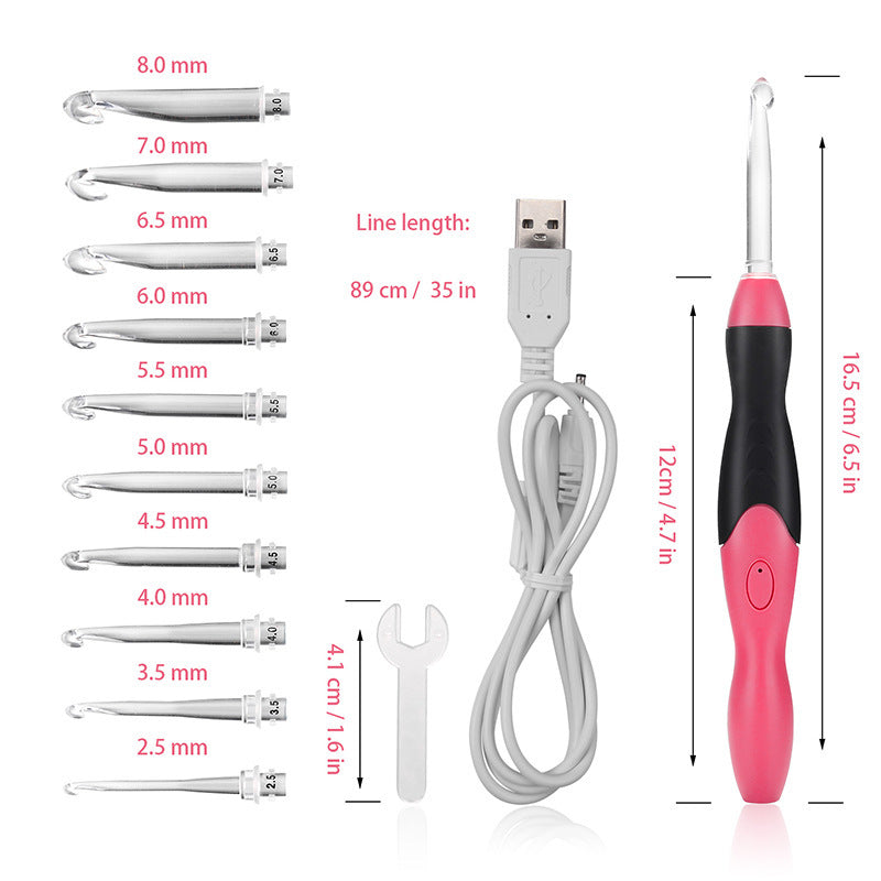 A set of 11 Arenzza crochet hooks with built-in LED lights, featuring ergonomic handles, arranged on a white background.