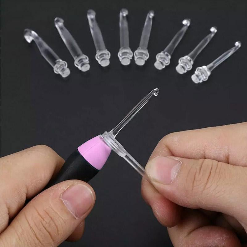 Set of 11 Arenzza crochet hooks with built-in LED lights for precise knitting and crocheting in low light conditions.