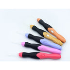 A set of 11 Arenzza crochet hooks with built-in LED lights displayed together on a white background.