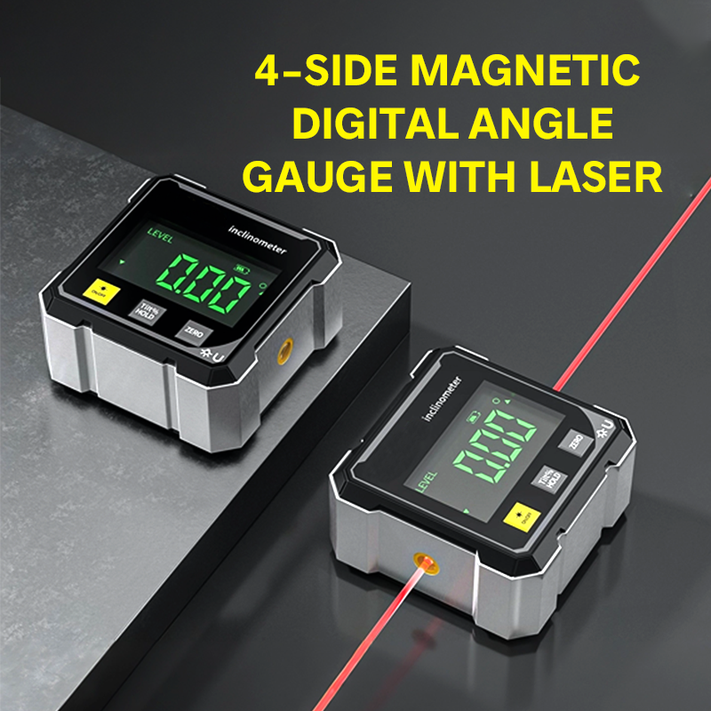 Arenzza 4-Side Magnetic Digital Angle Gauge with Laser, tool for precise angle measurements in tools and garden applications.