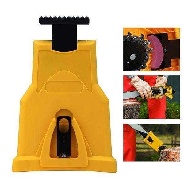Arenzza compact chainsaw sharpener tool for fast, accurate chainsaw blade maintenance, shown in a garden tools setting.