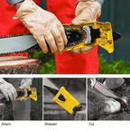Arenzza compact chainsaw sharpener tool for fast, accurate chainsaw blade maintenance, shown in a garden tools setting.