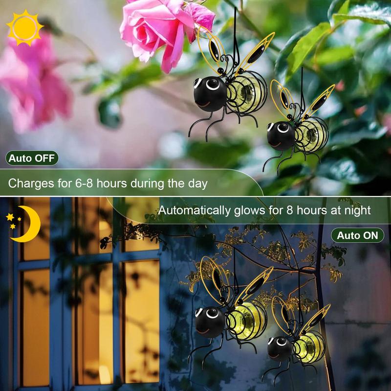 Arenzza outdoor hanging solar bee light in garden, showcasing a charming bee-shaped solar-powered decorative lamp for outdoor decor.