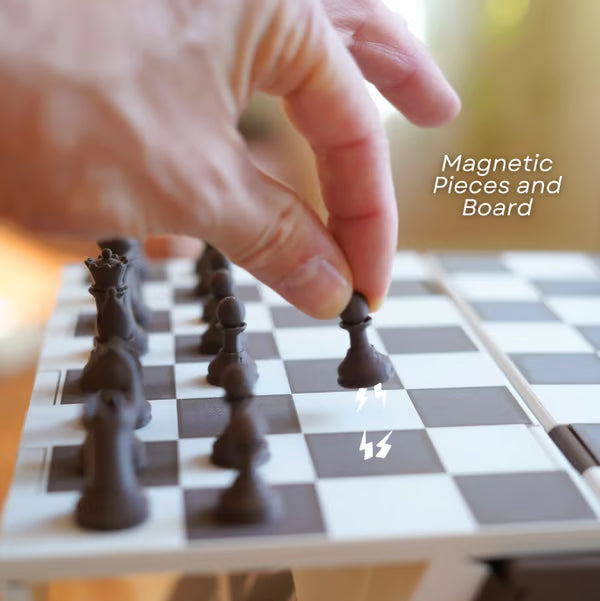 Arenzza magnetic chess box toy for kids, featuring a portable black and white chessboard with magnetic pieces for travel play.