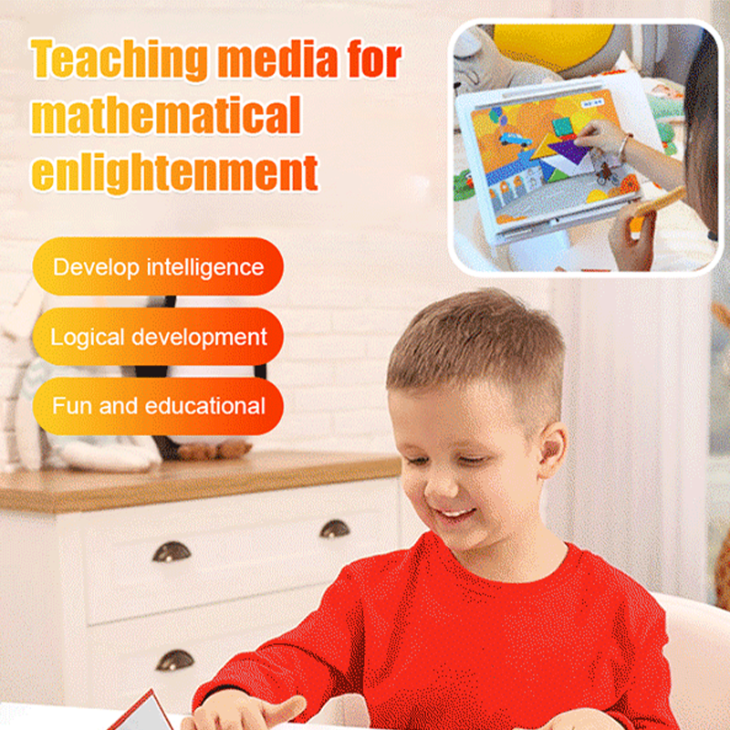 A children's magnetic tangram puzzle set by Arenzza with colorful shapes arranged on a white surface, designed for kids' educational play.