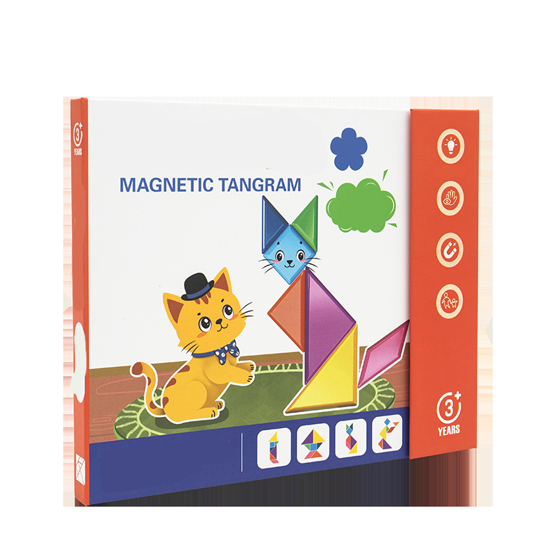 Colorful Arenzza children's magnetic tangram puzzle set with various geometric pieces on a white background.
