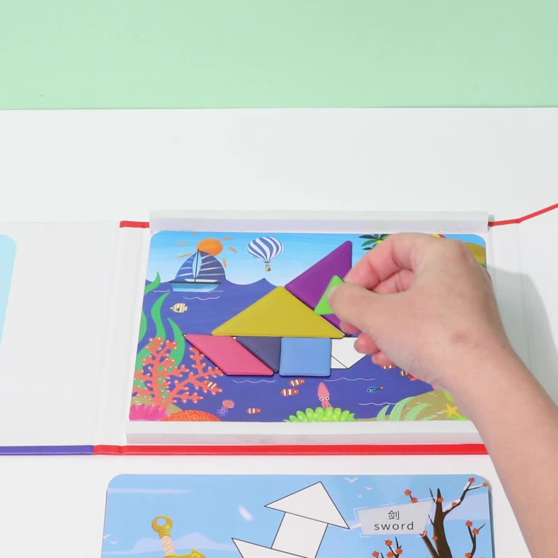 Children's Arenzza Magnetic Tangram Puzzle Set with colorful geometric pieces arranged on a white background.