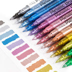 A set of vibrant metallic marker pens for kids and crafts by Arenzza, displayed with colorful ink tips and metallic finishes.