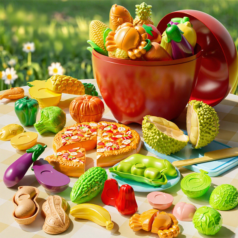 Arenzza pretend cutting play food toys set for kids, colorful plastic fruits and vegetables for imaginative play and learning.
